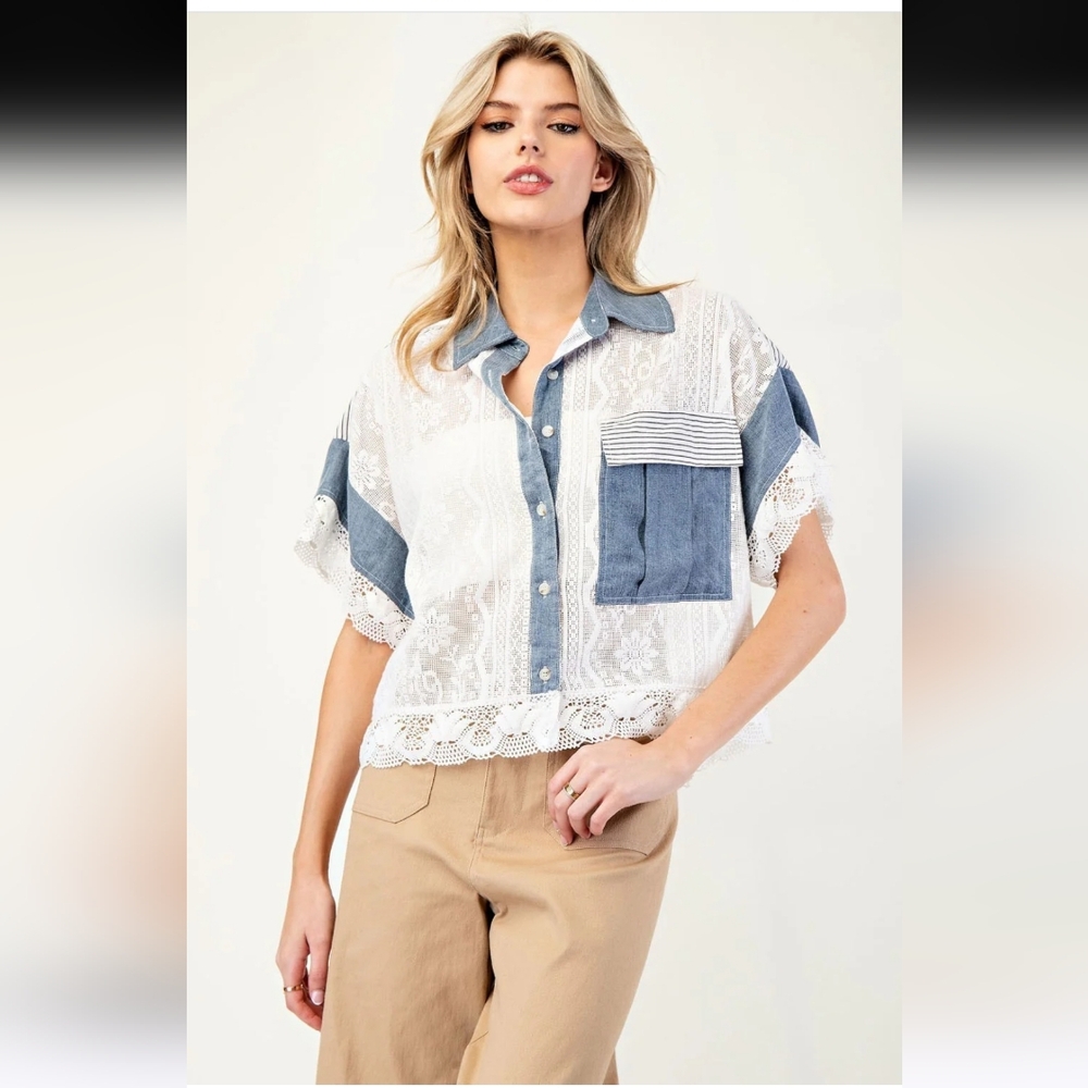 Blue & White Lace Panel Button-Up Shirt - Women - Picture 7 of 8